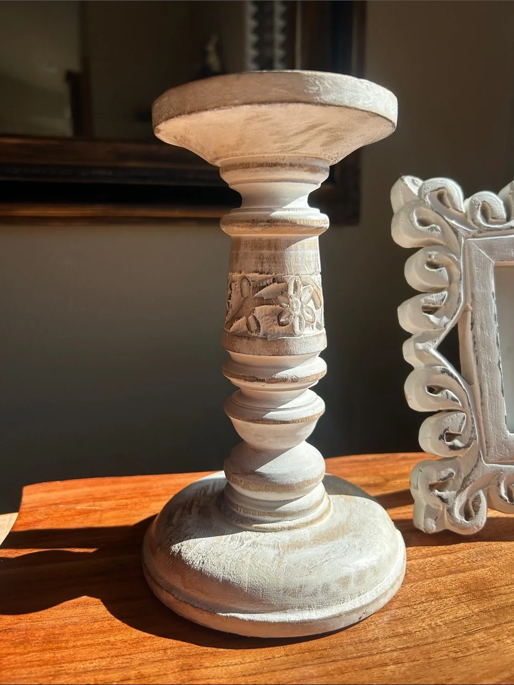 Carved Wood Candlestick & Matching Ornate Square Picture Frame Set